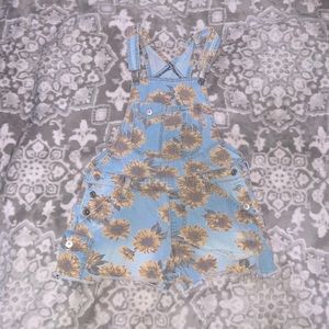 Light Blue Sunflower Jean Short Overalls